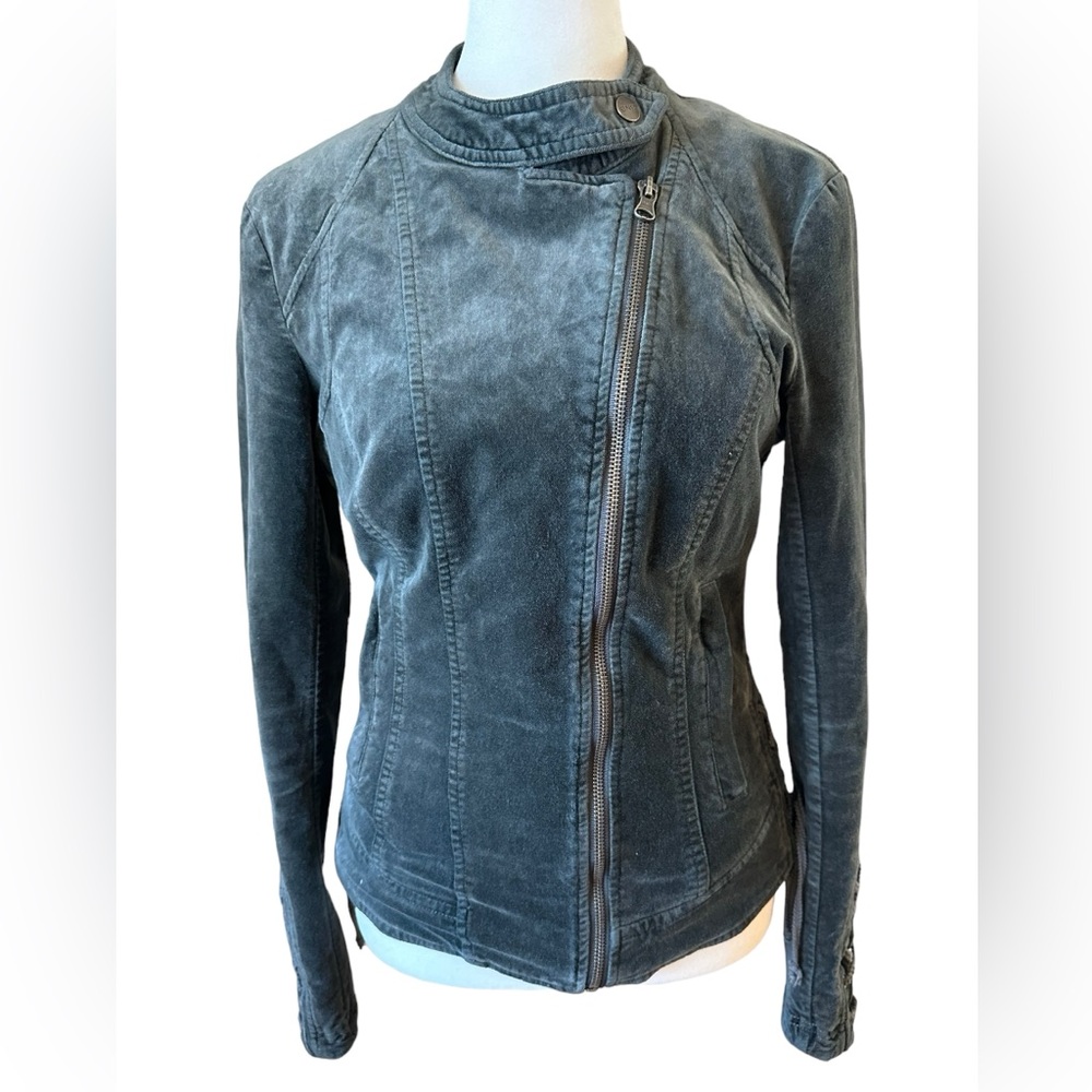BNCI Blanc Noir Women's Moto Fitted Corset Lace Charcoal Velvet Jacket Size XS
